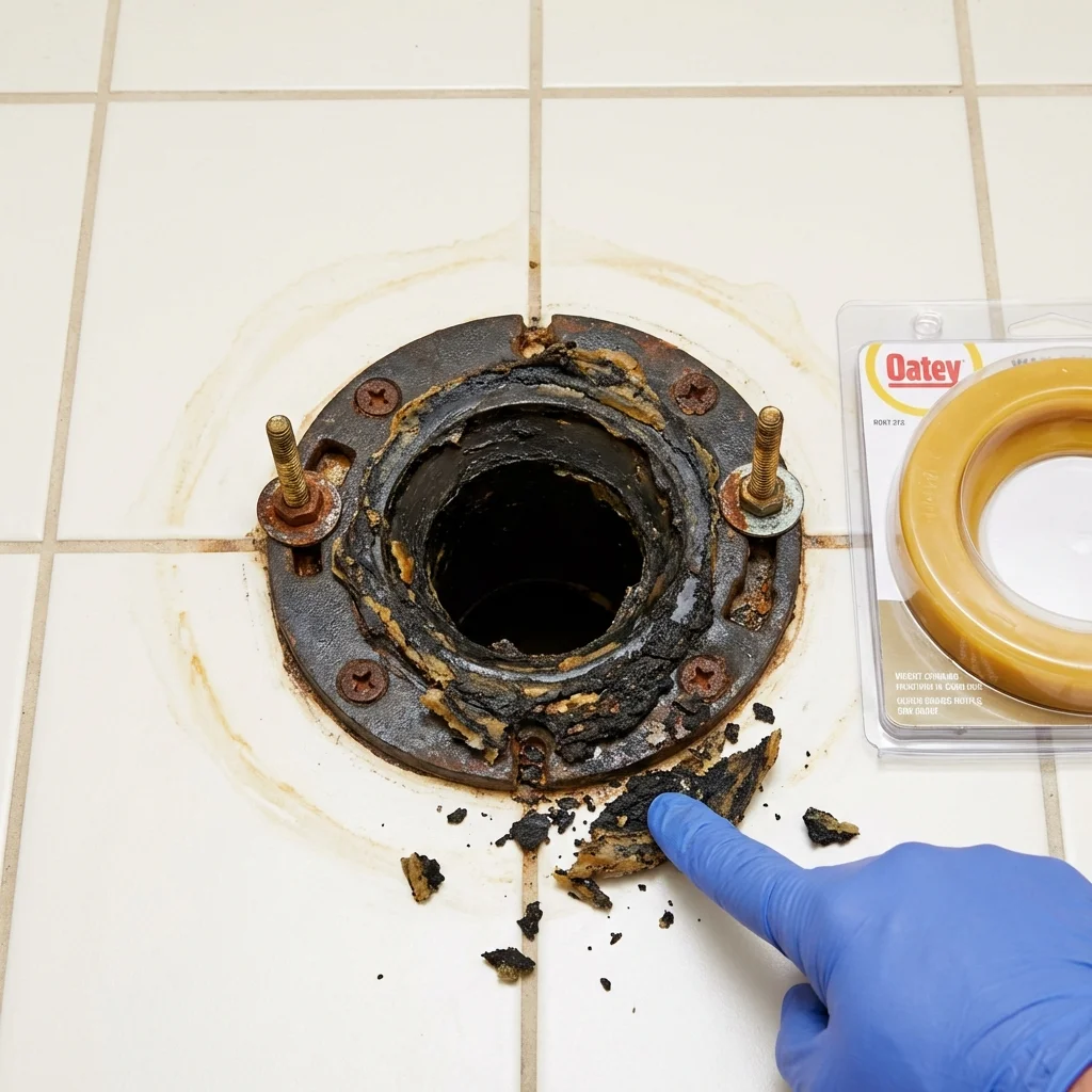 Failed wax ring showing water seepage at the base of a toilet in a Adrian, MN home