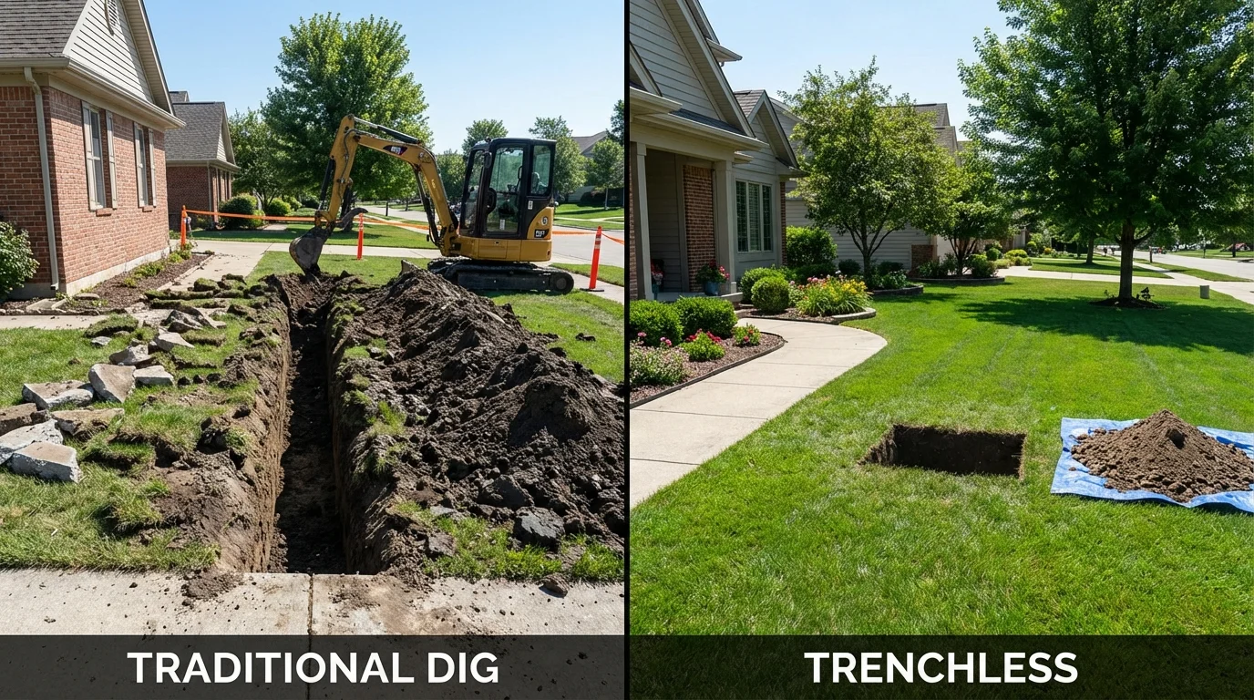 Trenchless sewer repair with minimal yard damage versus traditional excavation in Adrian, MN