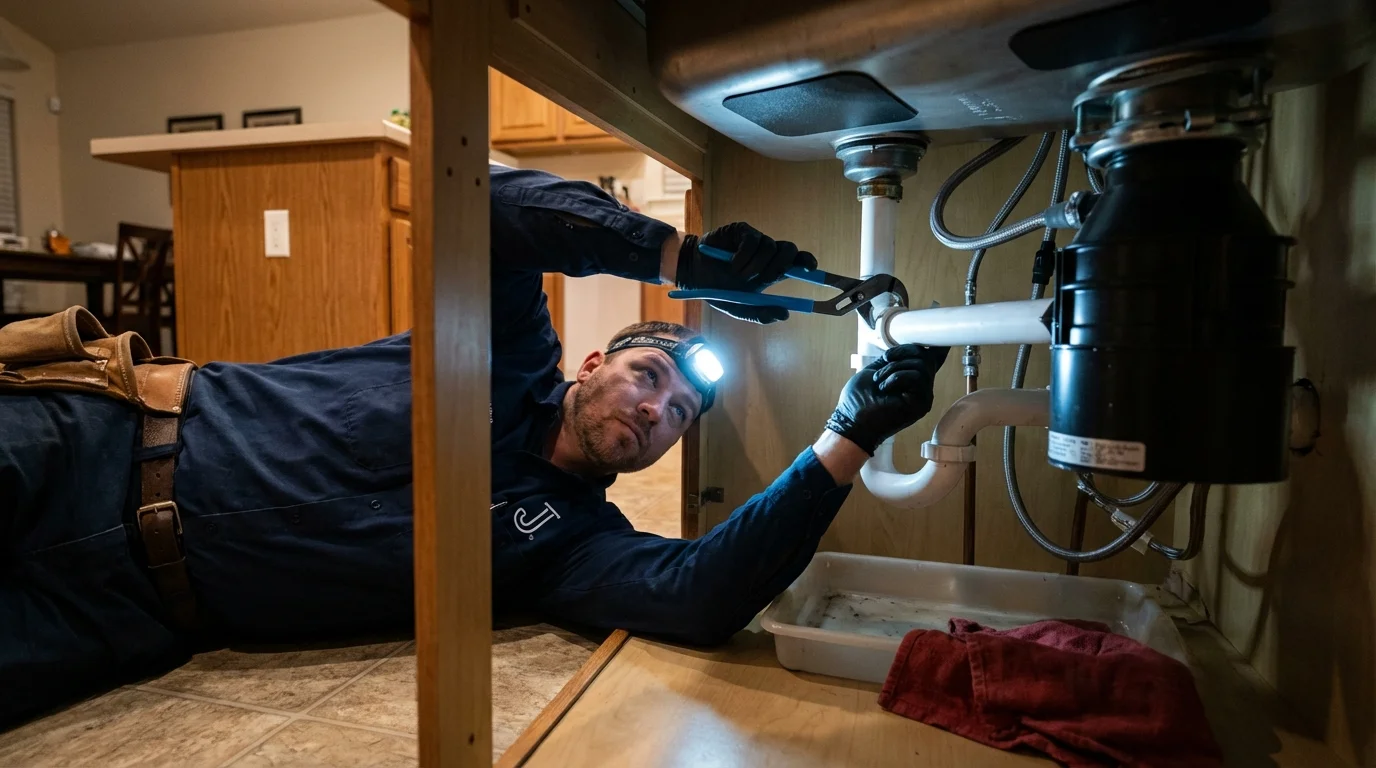 P-trap and supply line connections under a kitchen sink showing a common leak point in Adrian, MN